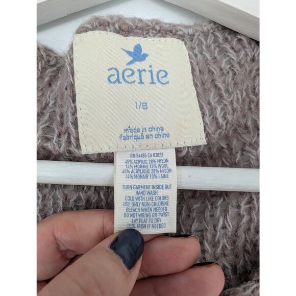 Aerie V-Neck Open Weave Long Sleeve Pull Over Sweater Women's Large Tan - Picture 2 of 7